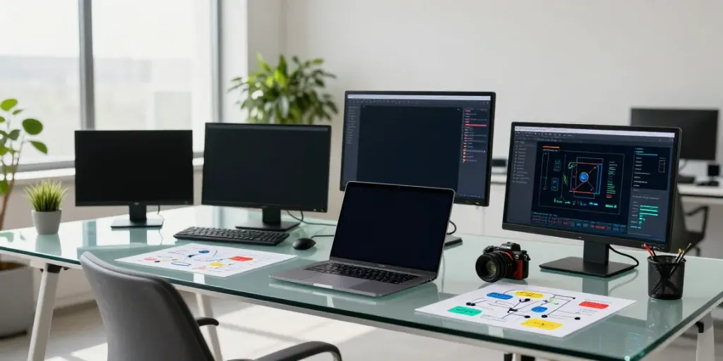 Professional digital workspace showcasing generative engine optimization techniques with multiple screens and vibrant office decor.