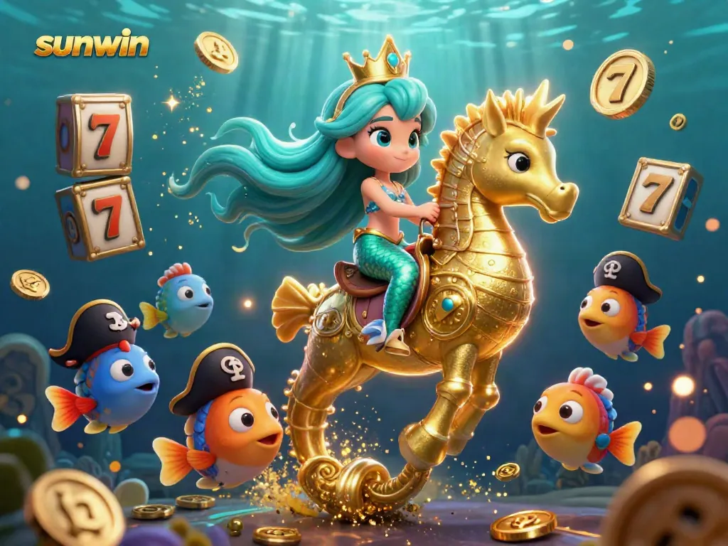 Experience thrilling wins with sunwin in this vibrant 3D casino illustration featuring a mermaid and golden seahorse.