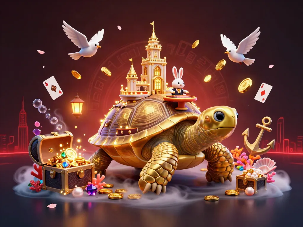 Experience link gacor in action with a dynamic casino scene featuring a golden tortoise and a rabbit dealer.