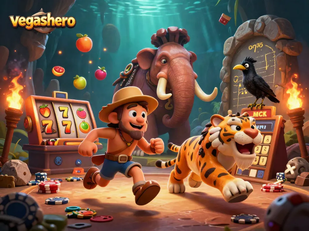 Experience thrilling slots action at vegashero with a vibrant prehistoric casino scene.