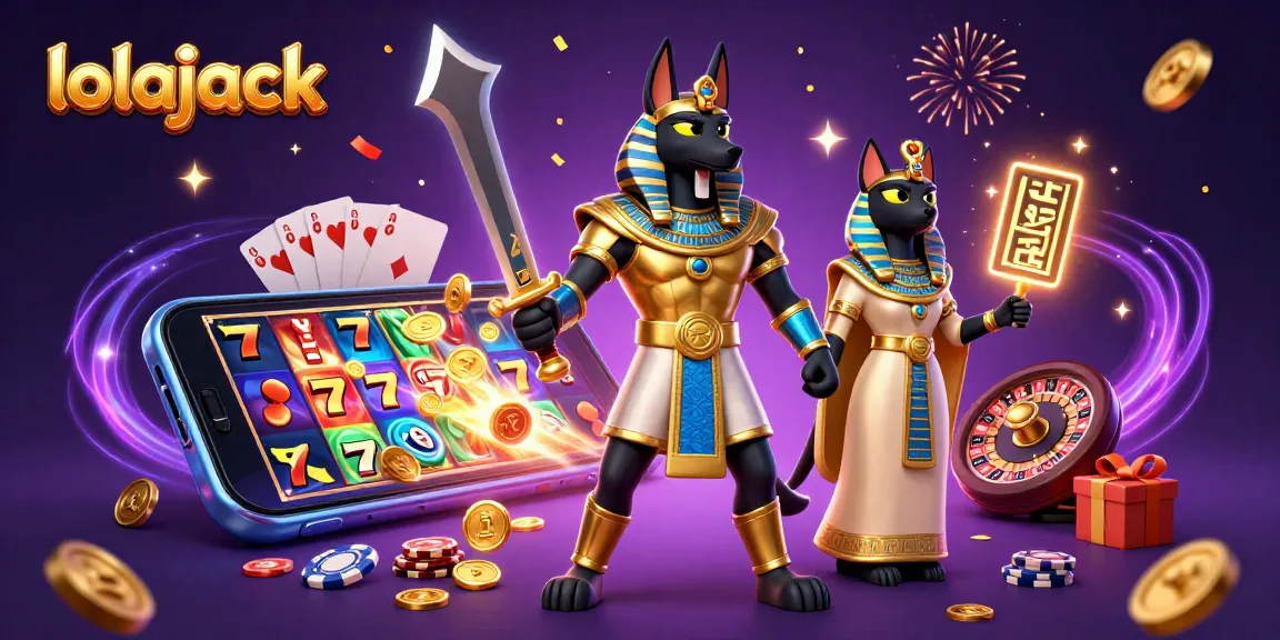 Experience thrilling wins at lolajack Casino with Anubis and Bastet surrounded by slot games, cards, and gold.