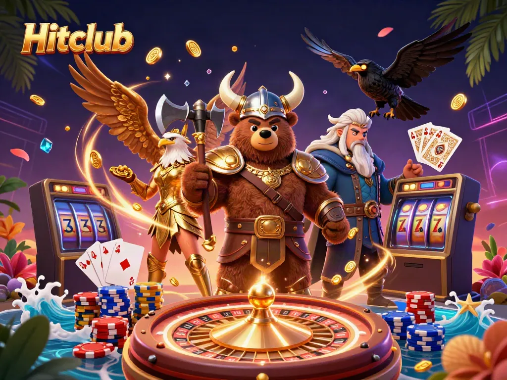 Experience exciting gameplay with Hitclub, where a Viking berserker and Valkyrie eagle battle amidst casino treasures.
