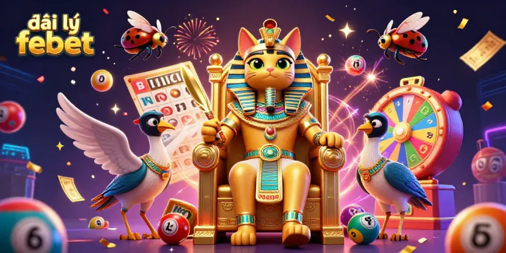 Experience the excitement of games at đại lý febet with a lively 3D scene featuring a pharaoh cat and vibrant gaming elements.