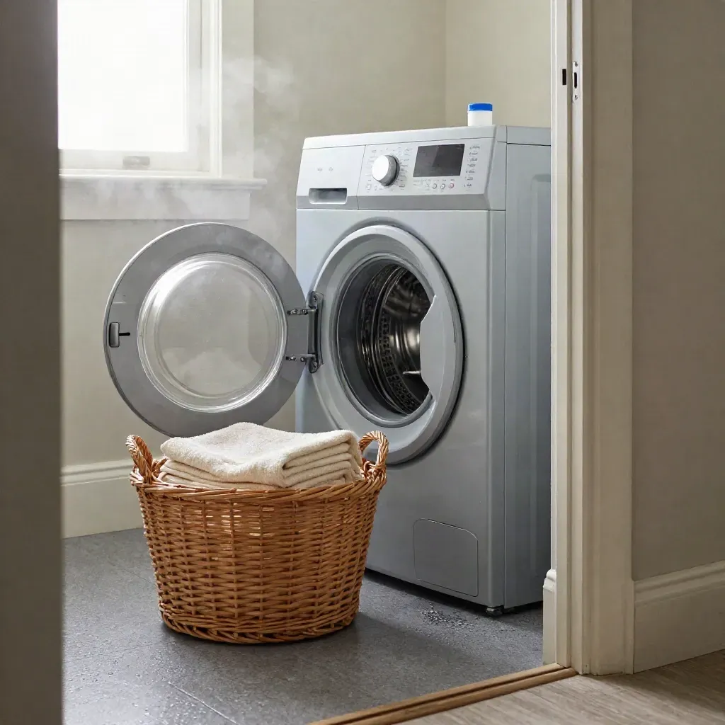 Wasmachine in een bijkeuken met wasmand, handdoeken en koel licht op de vloer