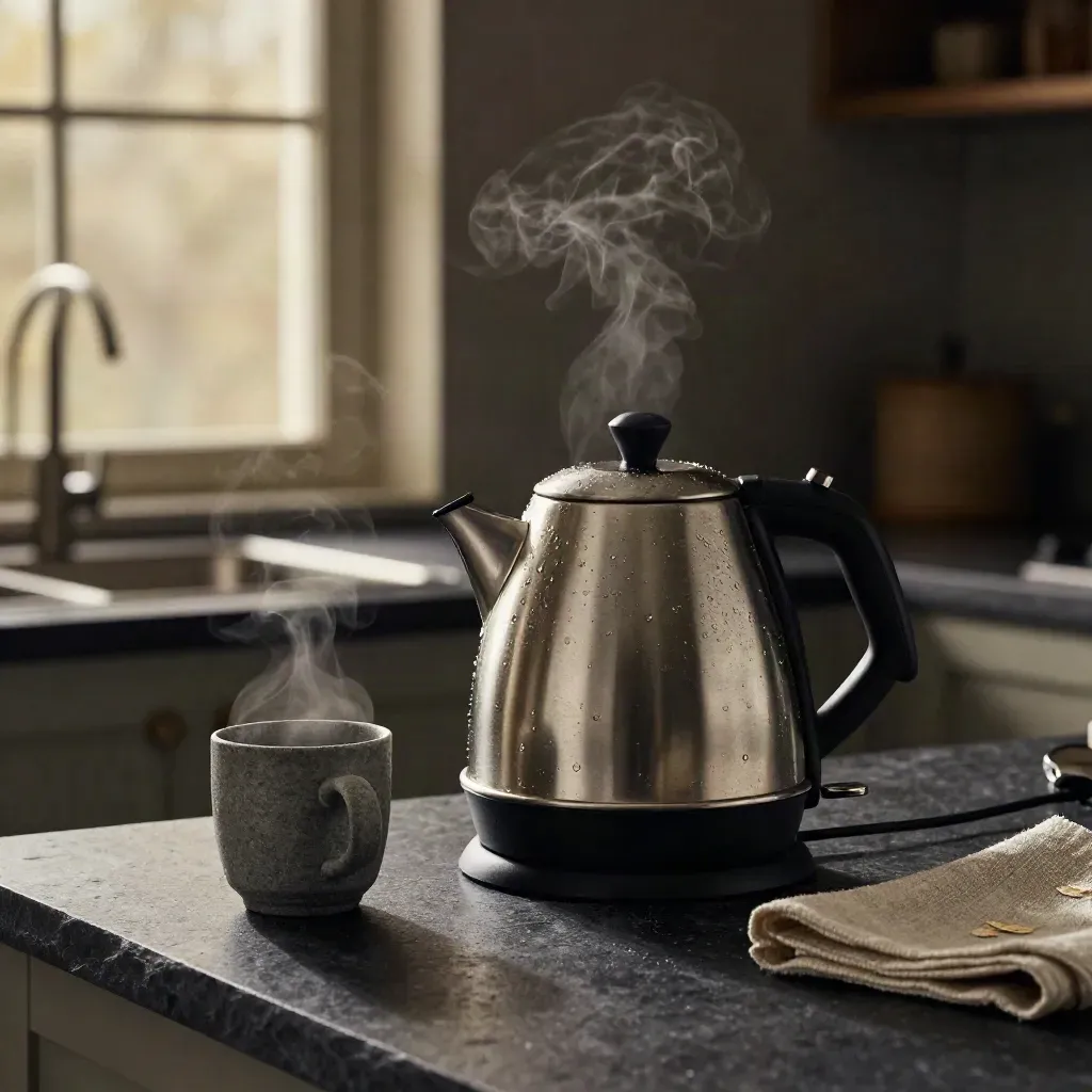 Brushed steel waterkoker naast dampende mok, los voetstuk en linnen doek op een donkere keukencounter.
