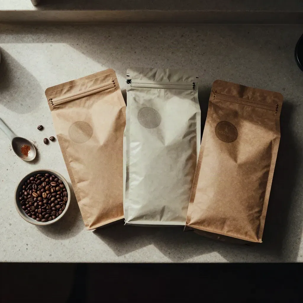Bovenaanzicht van drie koffiezakken met keurmerksymbolen, bonenkom en keramische lepel op travertin.