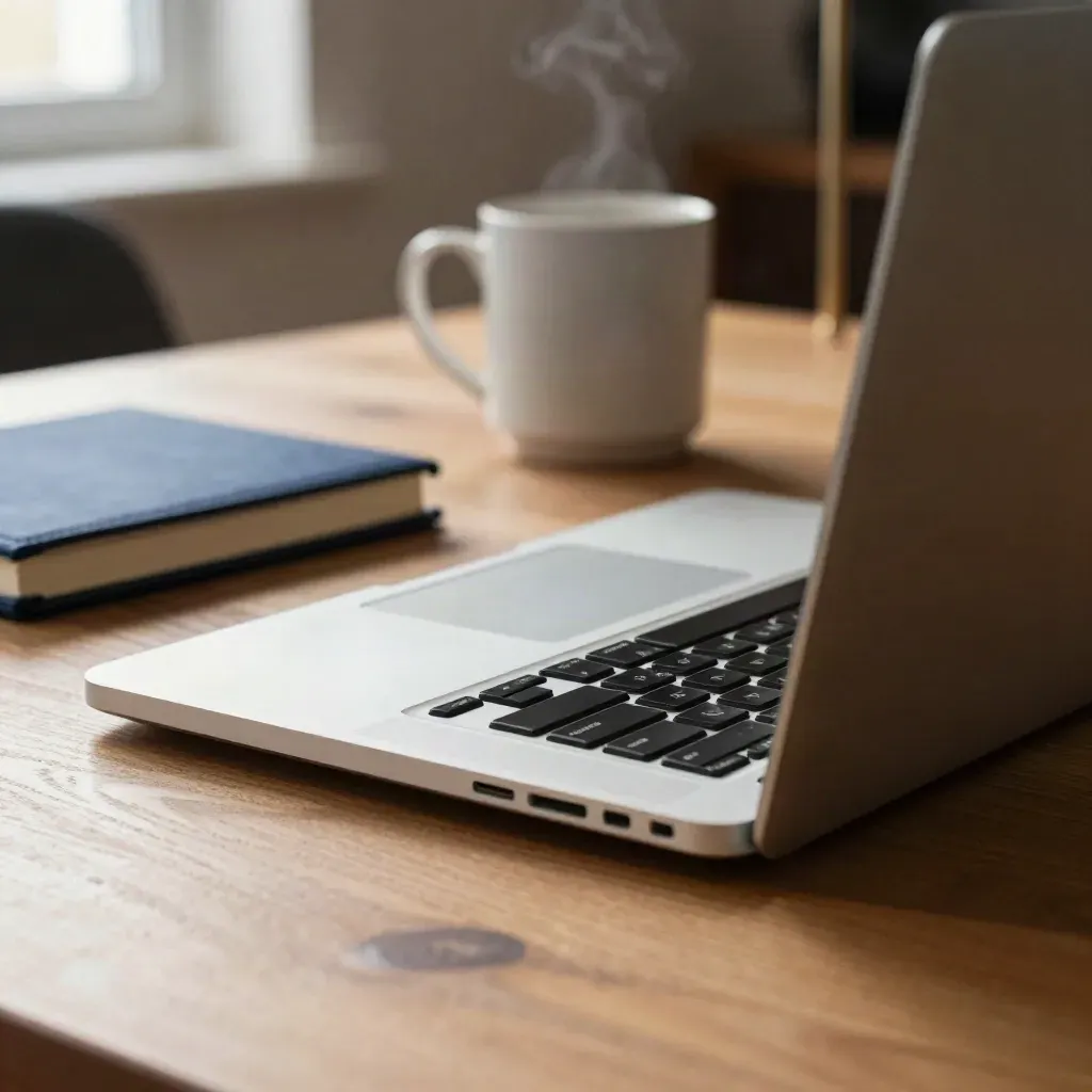 Halfopen laptop op houten eettafel met mok, notitieboek en lamp in zacht ochtendlicht.