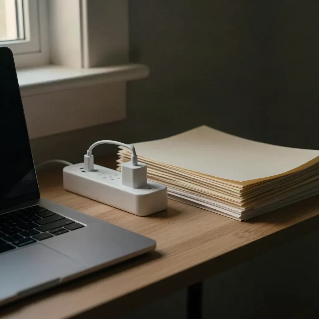 Compacte laptop, stekkerblok en papieren stapel in een rustige hoek bij schemerlicht.