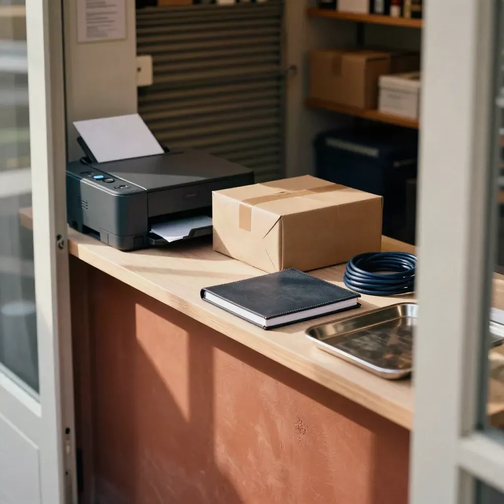 Werkbank in kleine zaak met printer, pakketdozen, dicht notitieboek en opgerolde kabel in ochtendlicht