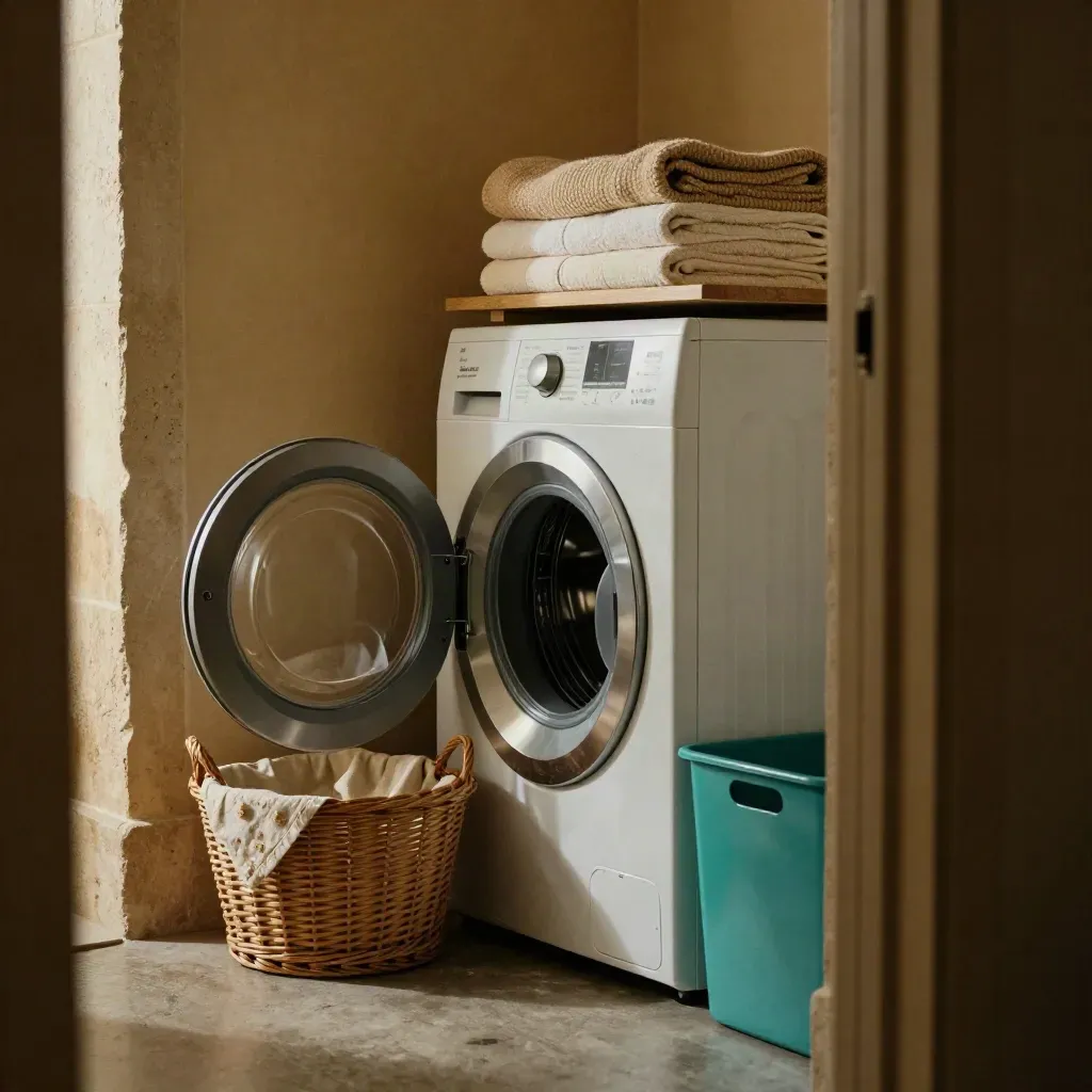 Bovenaanzicht van een wasmachine, rieten mand, wollen trui en opgevouwen handdoeken in een wasruimte.