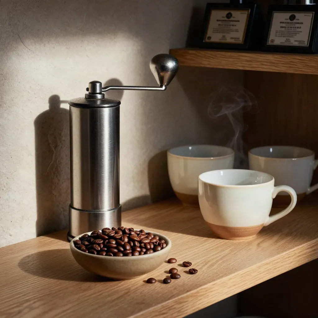 Koffiemolen, bonen, kopjes en omgedraaide keuringsbadges op een houten plank in ochtendlicht