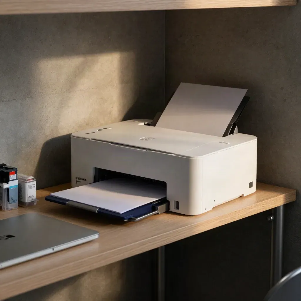 Compacte printer, cartridges, papierlade en gesloten laptop op een plank in koel avondlicht.