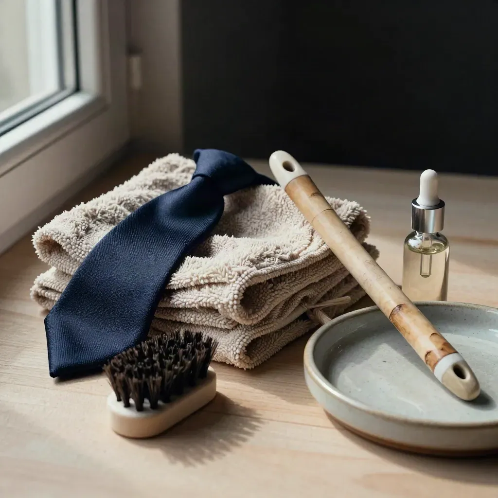 Microvezeldoek, schoonmaakborstel, oliedruppelaar en keramische schaal op licht hout.