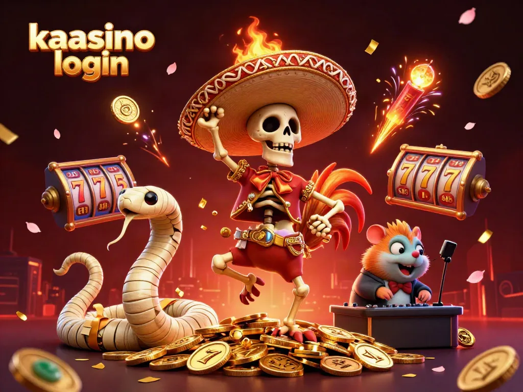 Kaasino login scene featuring a jubilant mariachi rooster surrounded by casino elements and festive decorations.