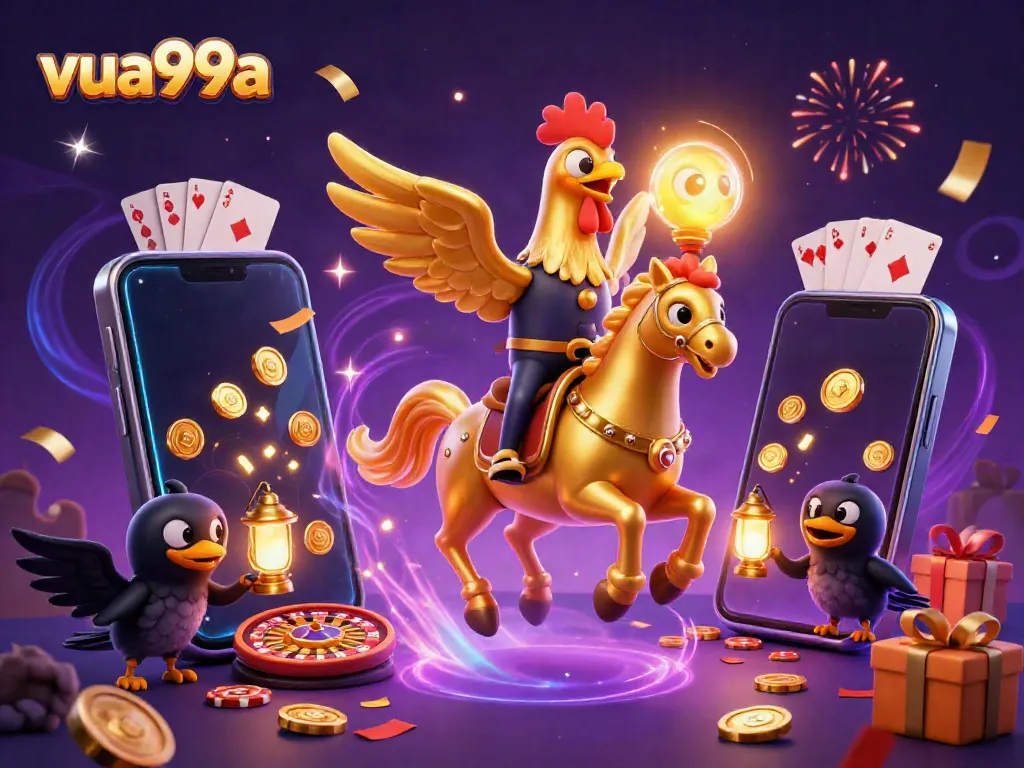 Join the action in vua99a with a golden rooster riding through a vibrant casino filled with games and excitement.
