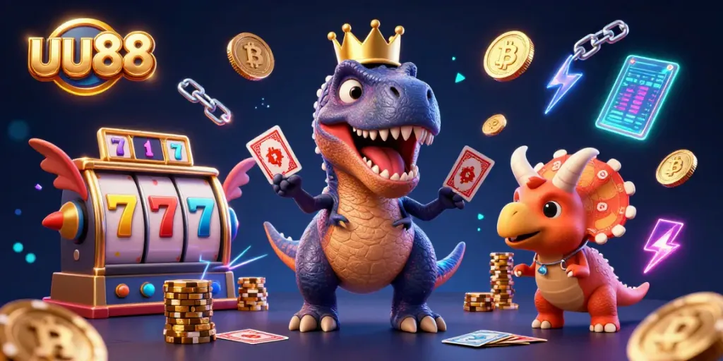 Engage with casino excitement as the uu88 T-Rex shuffles cards, while coins and jackpots surround the scene.