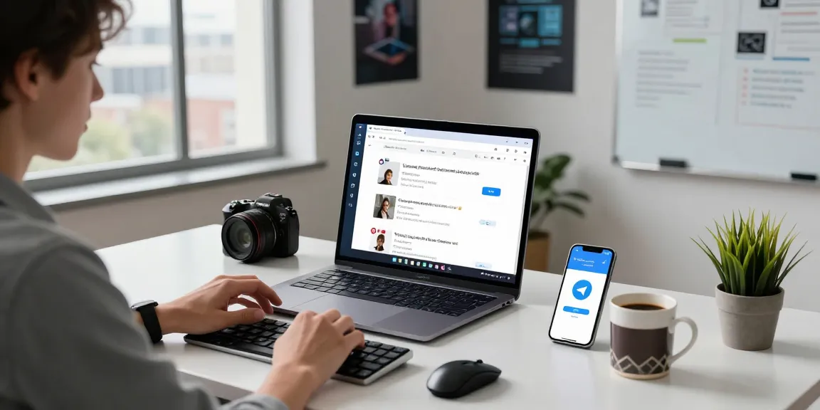 Professional using the Telegram Web Version in a modern office setup, showcasing browser chats and a clean workspace.