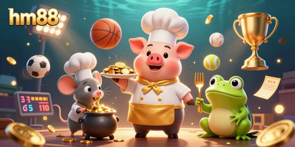 Win big at hm88 with a vibrant scene featuring a chef pig serving gold coins in a casino setting