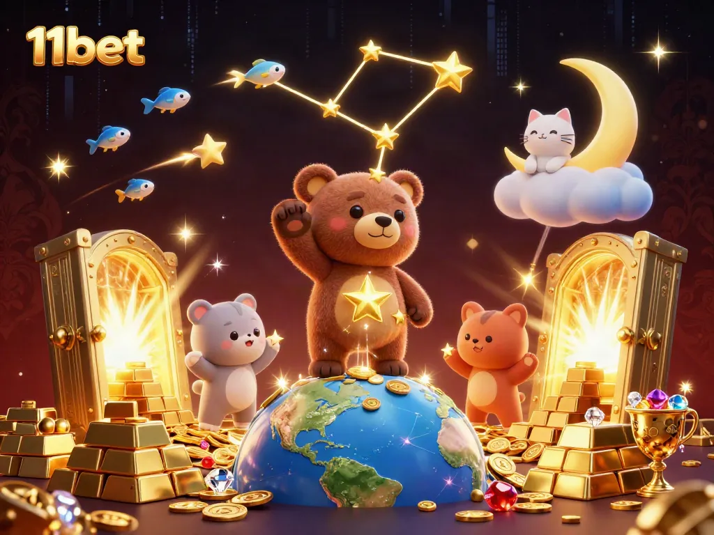 Experience the magic of winning at 11bet with a whimsical 3D casino illustration, full of treasures.